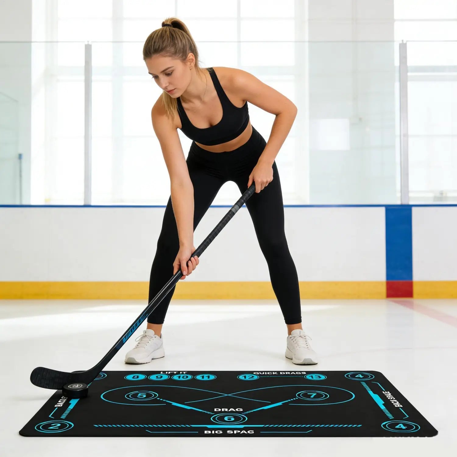 Black hockey training mat with teal glowing graphics and numbered drills featuring non slip stickhandling pad for improved practice.