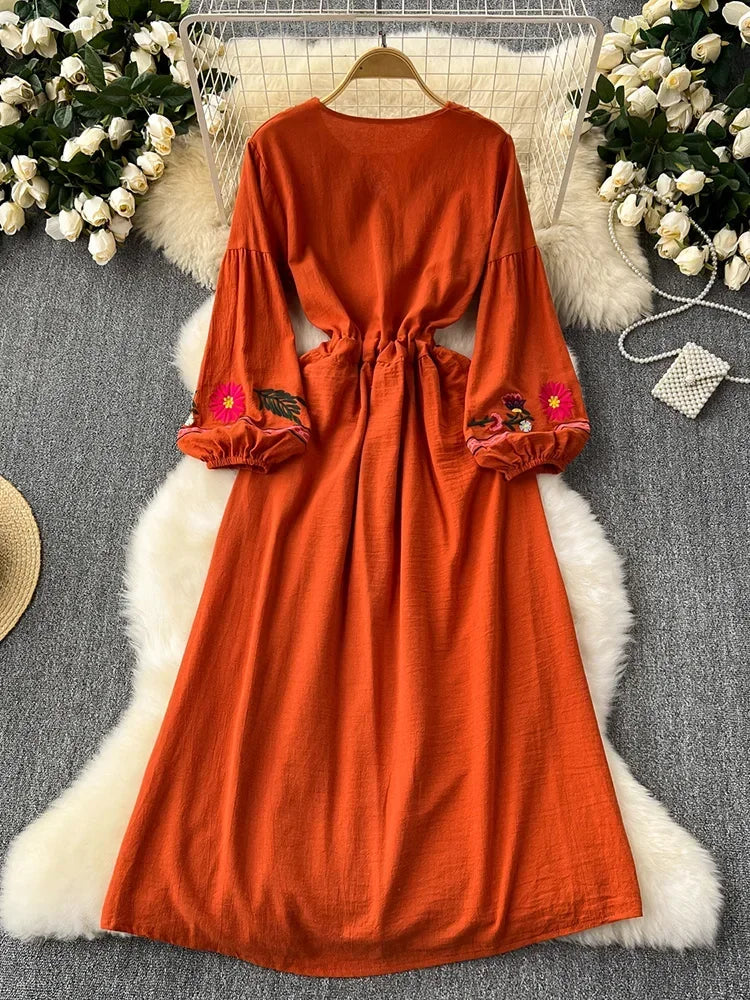 2026 New Spring Autumn Vacation Retro Ethnic Embroidery Dress Lantern Long Sleeve Waist Bohemian Dress A157