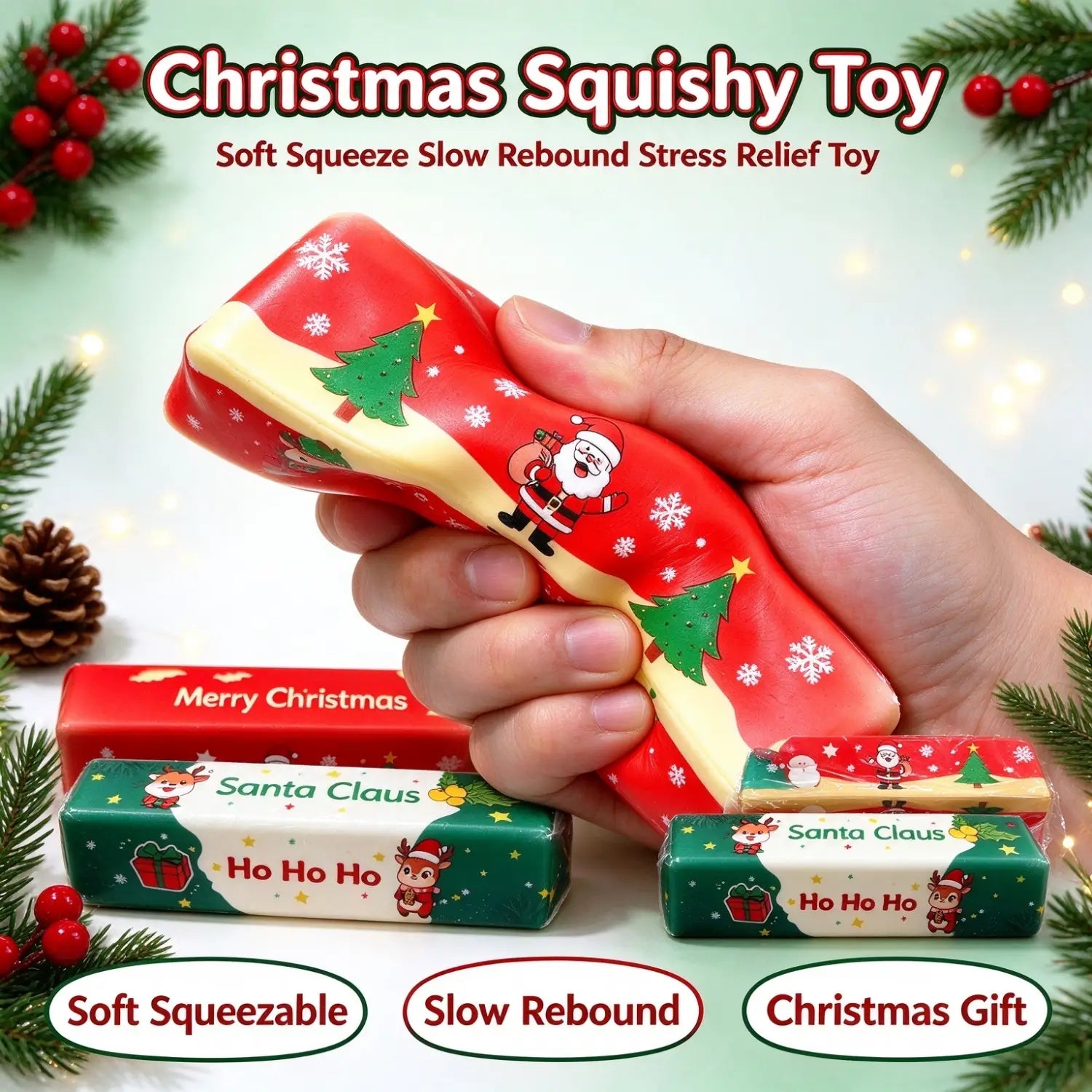 Juguete antiestrés blandible de alivio lento con tema de Santa Claus de Navidad, de colores rojo y amarillo, con una textura suave y moldeable, y diseños de Santa Claus y copos de nieve.