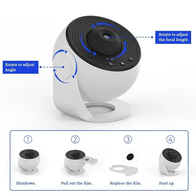 White and black adjustable-angle security camera with circular lens housing for use with galaxy projector night lights