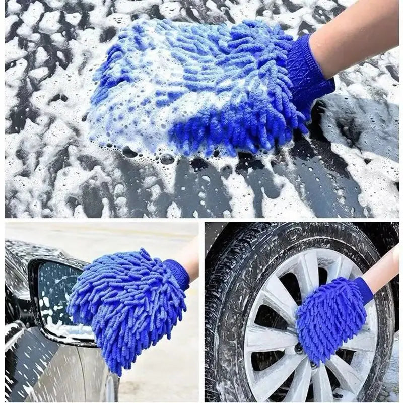 Leuchtend blauer, plüschiger Mikrofaser-Autowasch-Handschuh mit passgenauem, gestricktem Handgelenkband als Teil eines Autopflegebürsten-Sets für Autoreinigung.