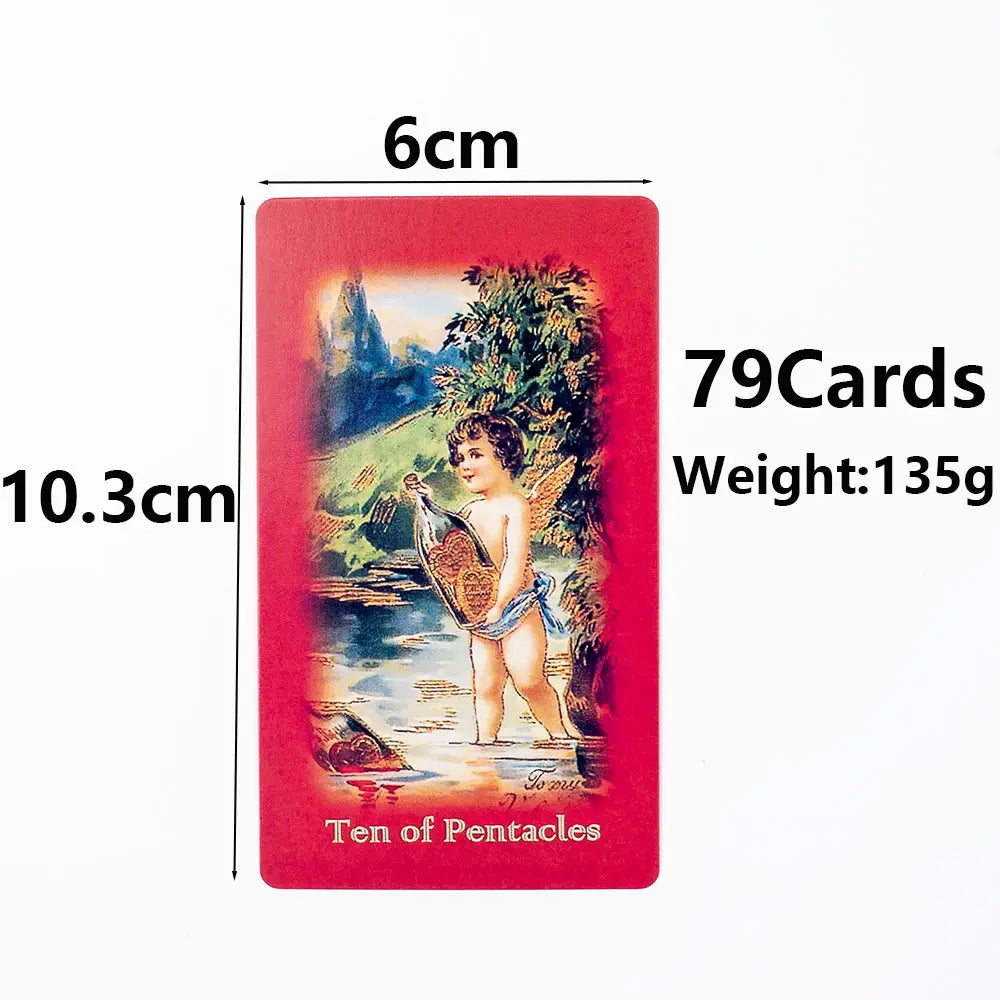 A red rectangular playing card from the Valentine Tarot Deck love oracle cards features a vintage illustration of cupid holding a heart-shaped object and is labeled ten of pentacles.