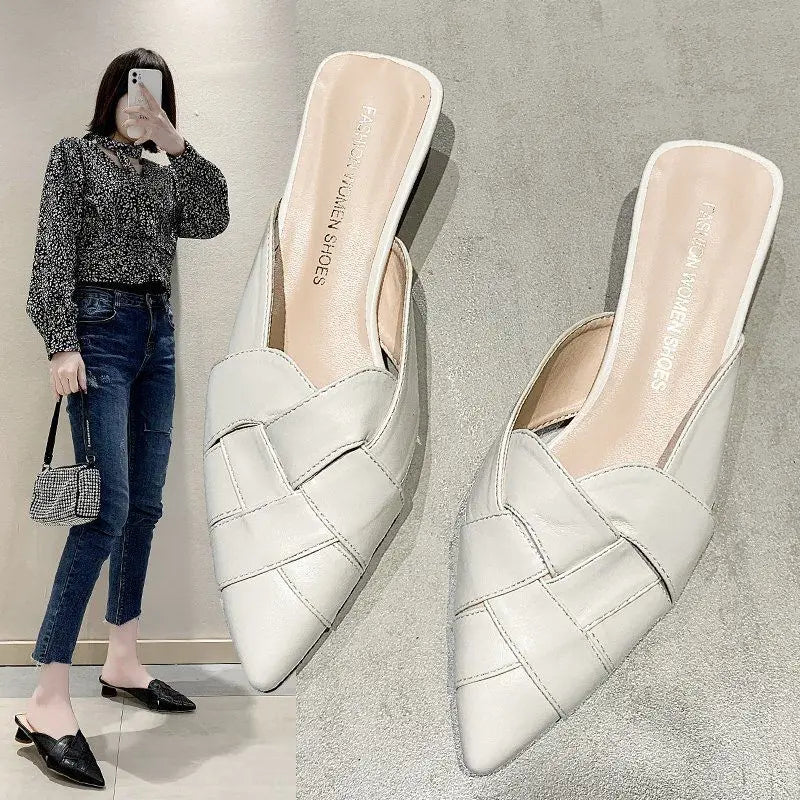 Women's Slippers And Ladies Sandals Leather Job Shoes Pointed Toe Mules Slides Sexy With Premium New Style High Quality 39