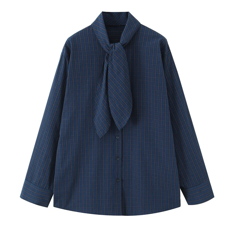 Chic Fashion Check Shirts for Women 2026 New Long Sleeve Scarf Collar Women's Casual Loose Simple Style Shirt And Blouse Tops