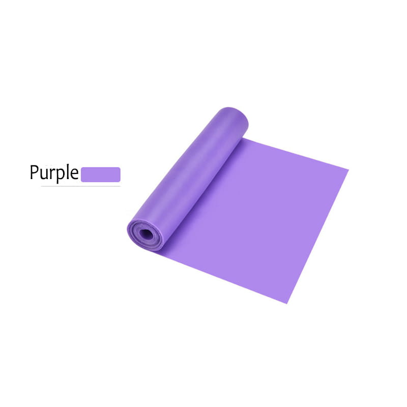 A rolled purple yoga mat with a smooth matte finish designed for use with resistance workout bands for home fitness.