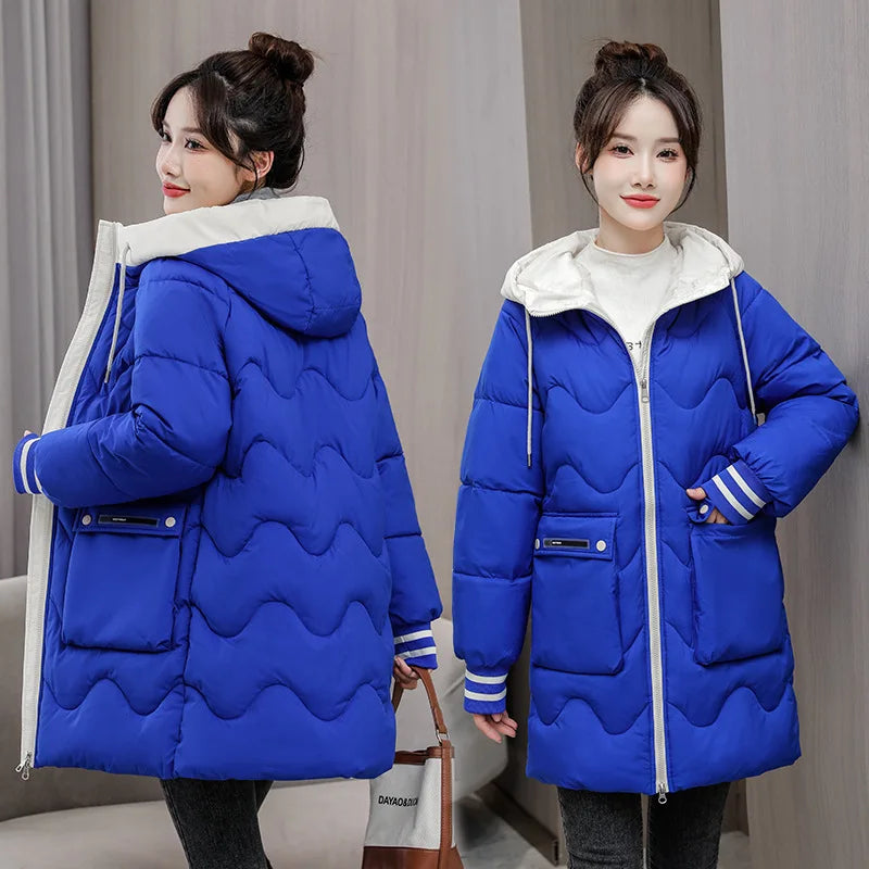 Winter Thicken Hooded Cotton Padded Jacket Women Fashion Contrast Color Mid-length Warm Coats Ladies Loose Big Pockets Outerwear