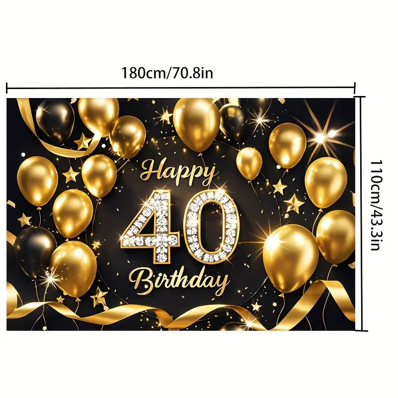 A shimmering gold and black glitter photography backdrop for 40th birthday celebrations adorned with balloons stars and ribbons.