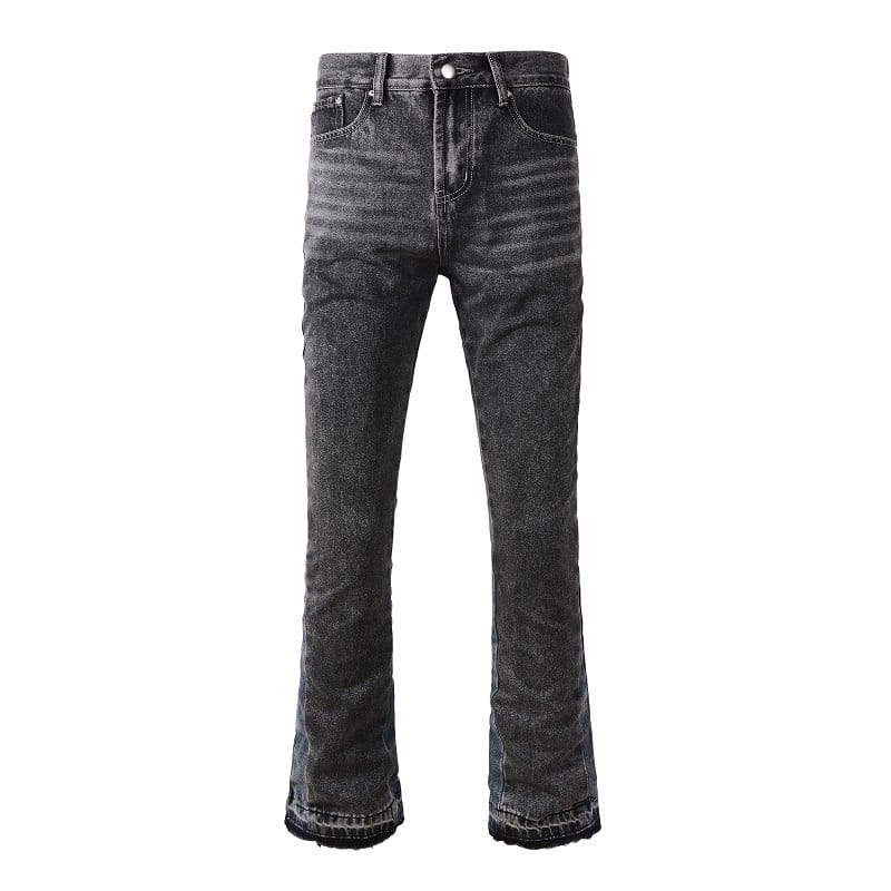 dark gray slightly faded distressed denim jeans for men with a flared leg cut and frayed hems.