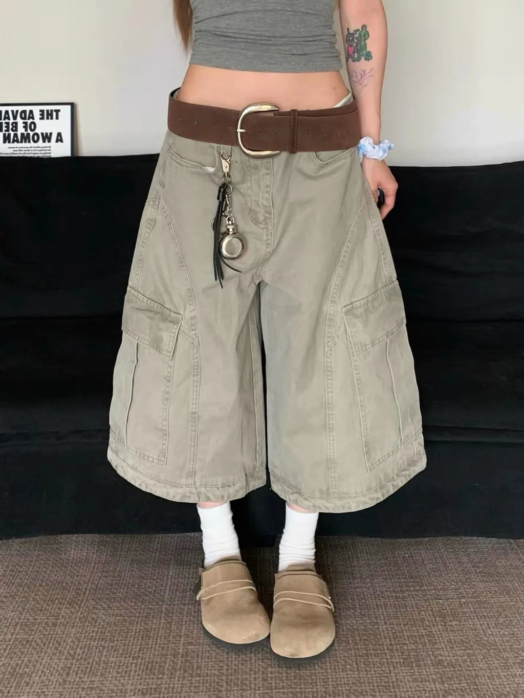 Women Denim High Waist Baggy Wide Leg Knee Length Jeans Shorts Grey Casual Loose American Streetwear Female Denim Short Pants