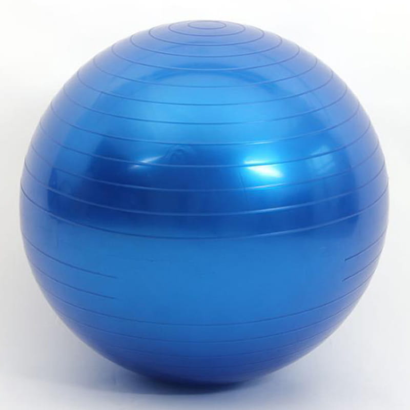 Balle de yoga anti-éclatement bleu vif de 45 cm, brillante, avec des rainures concentriques, conçue pour les exercices de fitness et d’équilibre.