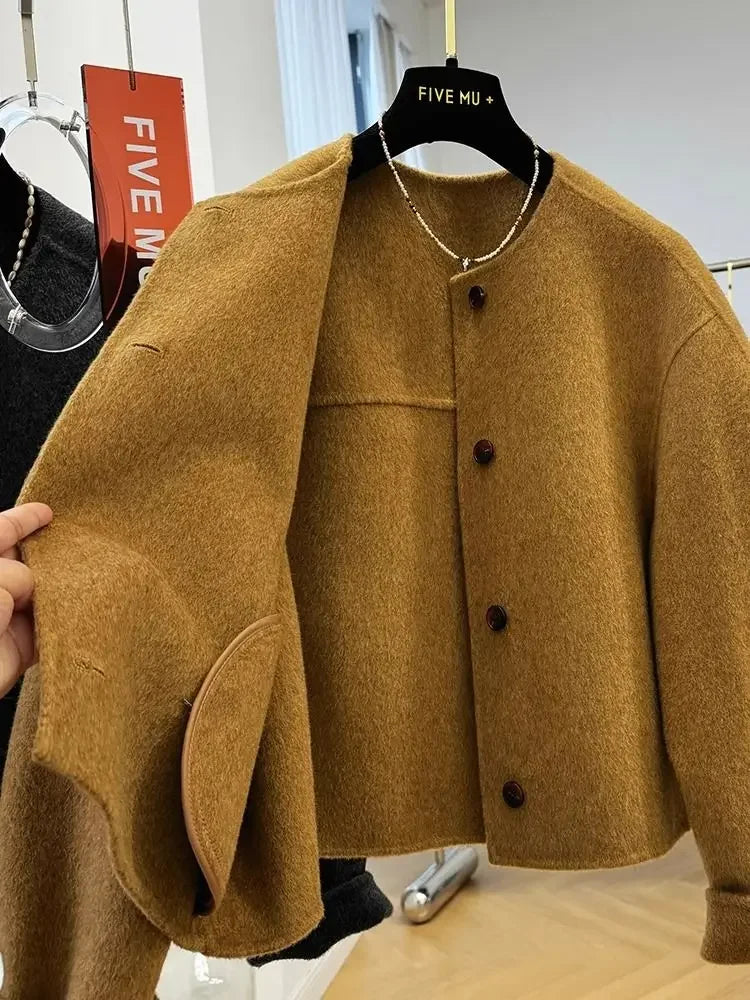 Wool Short Double-sided Woolen Coat Women Autumn and Winter Round Jackets Long Sleeves Short Blends Coats