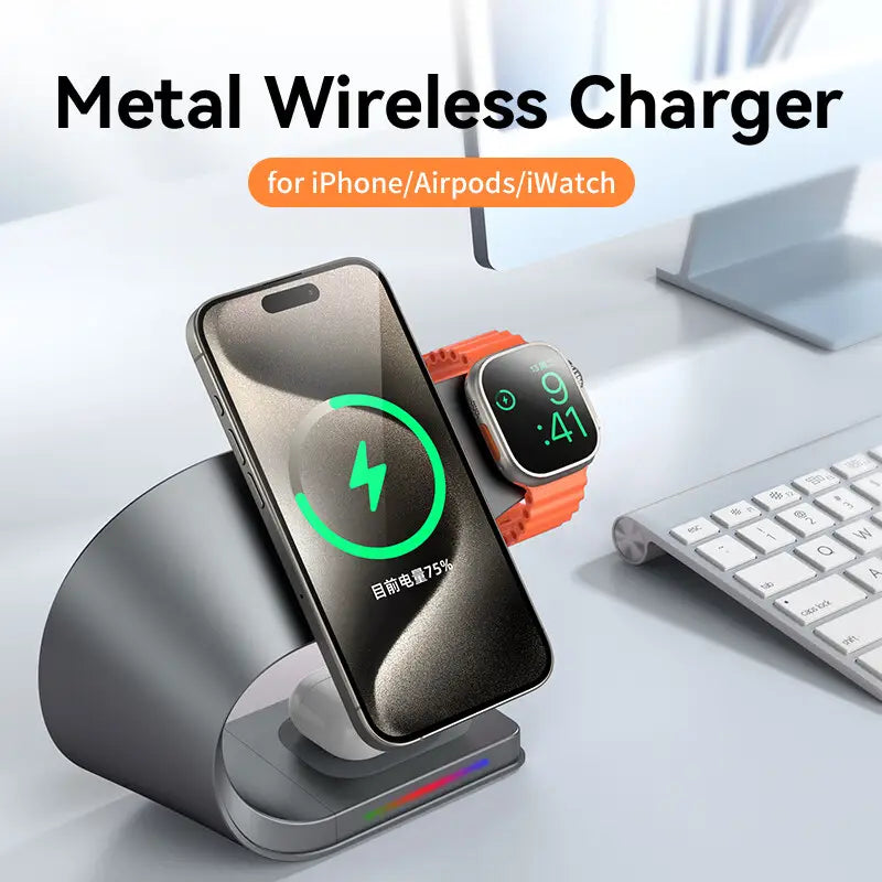 Silver metal wireless charger 4-in-1 with a sleek curved design compatible with iPhone airpods and iWatch for phone earbuds watch charging.
