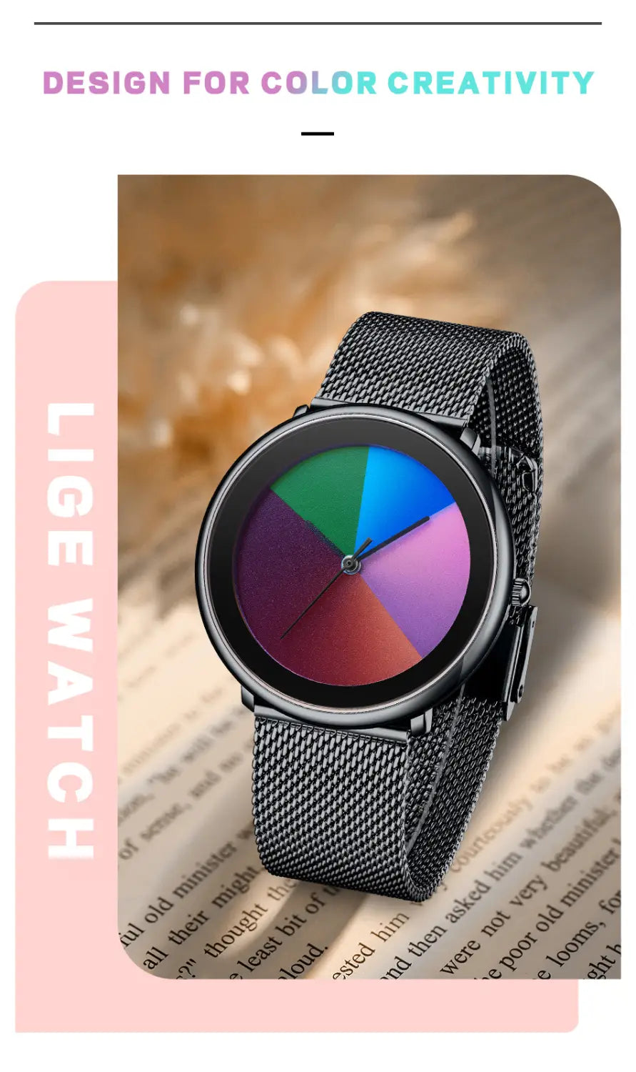 A Lige women rainbow dial quartz watch featuring a sleek black mesh strap and a vibrant multi-colored segmented dial.
