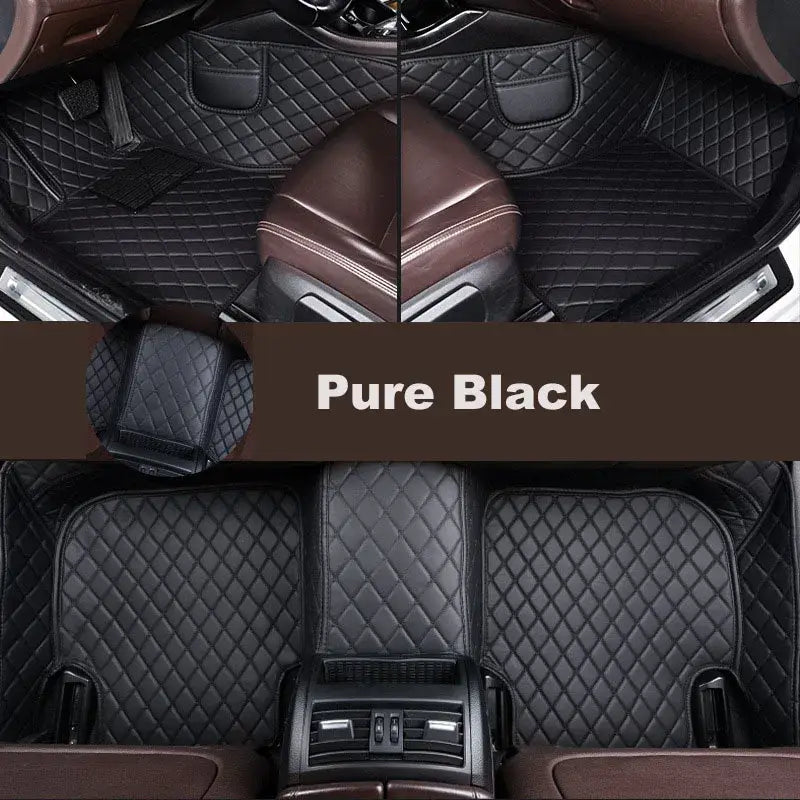 Pure black quilted leather Ssangyong Tivoli custom car floor mats with brown accent trim designed for vehicle interior protection.
