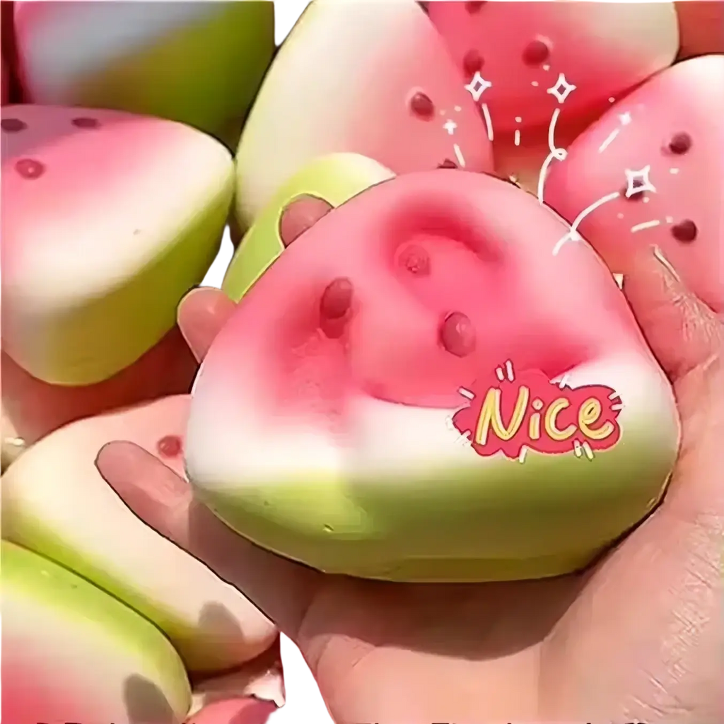 A front view of a pink and green watermelon-shaped slow rising squishy toy with red seed details and a nice sticker