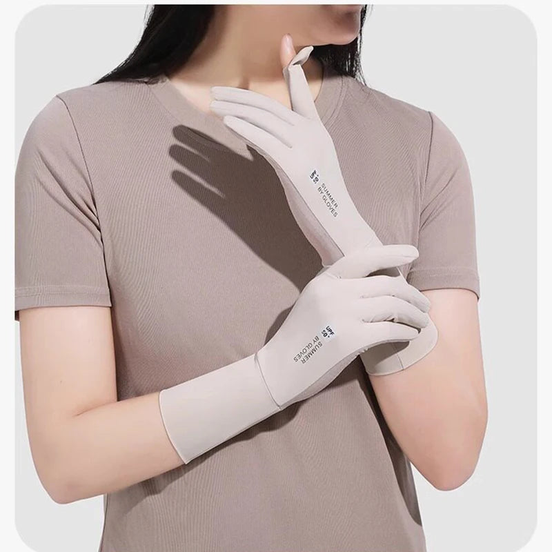 Cycling Women Gloves Ice Silk UV Protection Driving Long Cuff Touch Screen Flip Top Breathable Cooling Anti-Slip Stretch Gloves