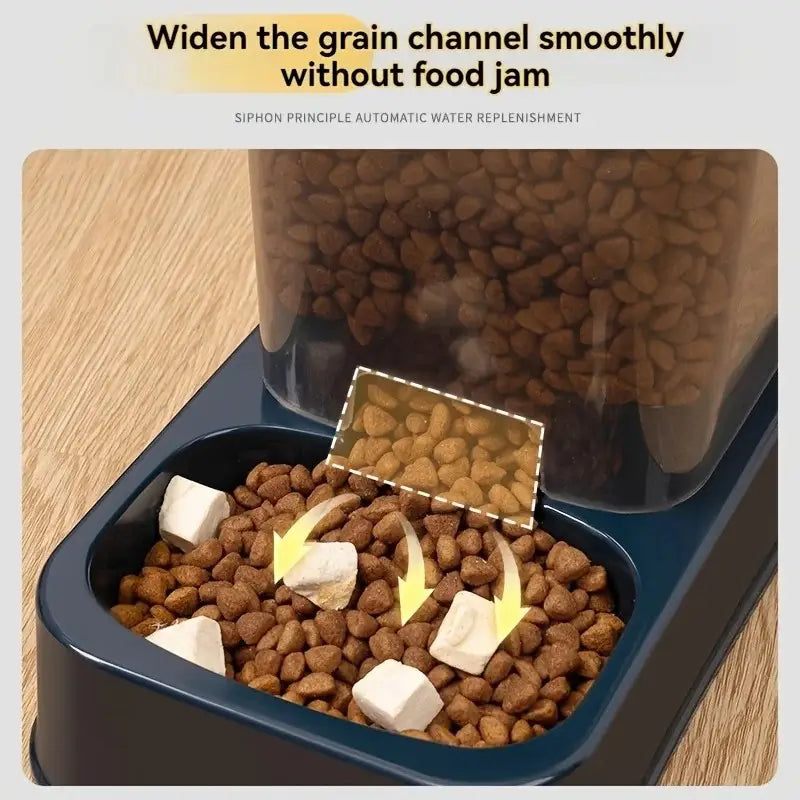 Blue plastic automatic pet feeder bowl with transparent top compartment filled with brown kibble and white cubes designed for precise portion dispensing and integrated water supply.