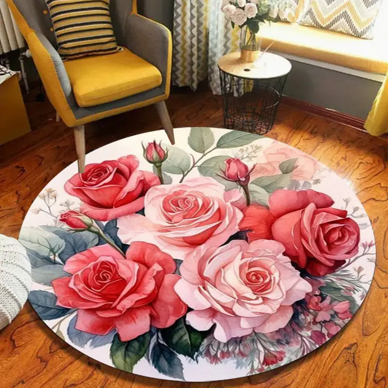Floral runder Bereichsteppich mit rutschfester Flanellteppich-Ausführung mit einem lebendigen Design aus rosa und roten Rosen, grünen Blättern und zarten Stielen auf weißem Hintergrund.