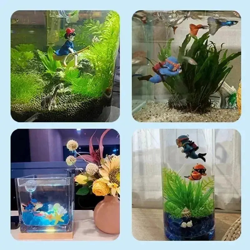 A clear glass aquarium with vibrant green aquatic plants, colorful fish swimming freely, and a small snow white figurine holding a fishing rod as a popular aquarium decoration for fish tanks landscape decor accessories gifts for aquatic pets.