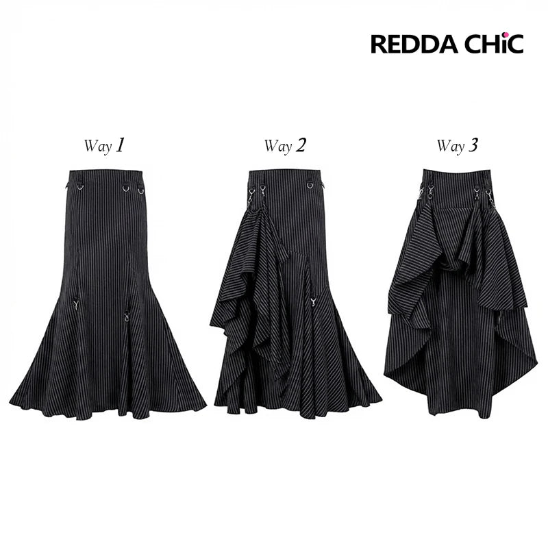 REDDACHiC Pinstripe Tank Top Skirt Women Matching Set Retro Mock Neck Sleeveless Blouse Hi-Lo Skirt Goth Music Festival Outfits