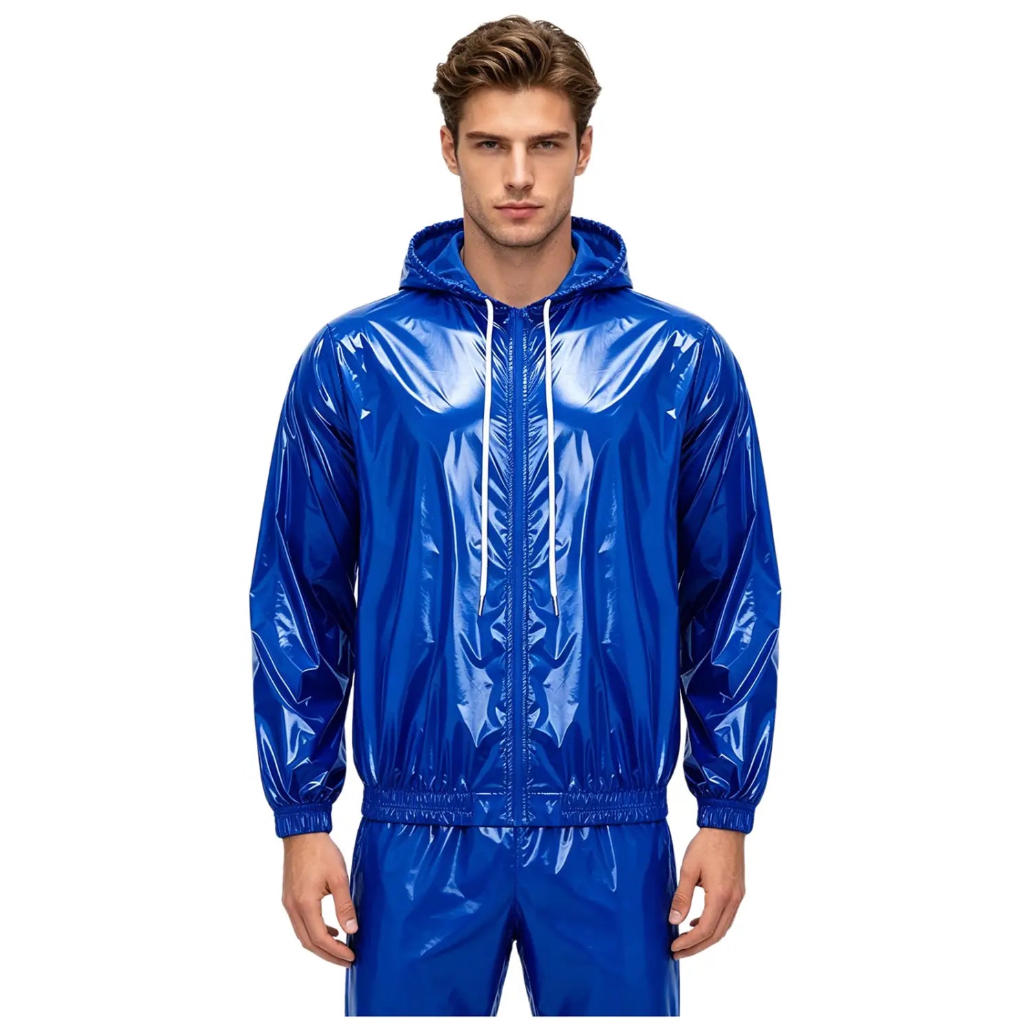 Men waterproof hooded windbreaker jacket in vibrant royal blue glossy nylon with white drawstrings and a hood.