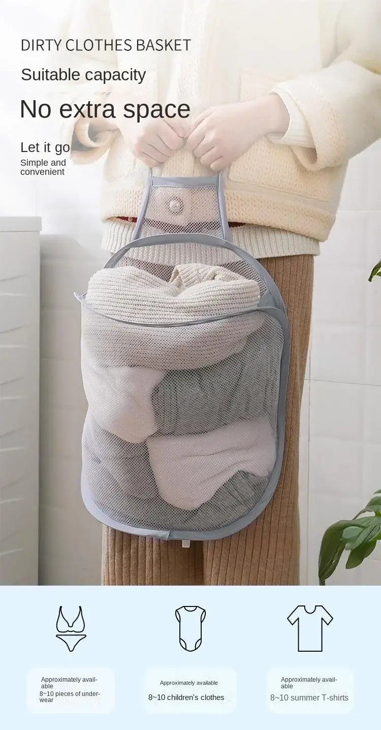 Panier de rangement pour linge pliable en maille grise, avec poignée robuste et bords renforcés, pour un rangement mural pratique et l’organisation du linge sale