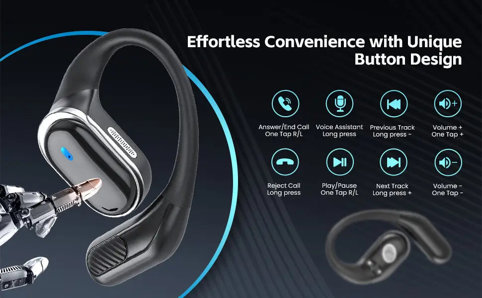 black and silver air conduction ear hook headphones with ergonomic design and touch controls shown with charging case for seamless audio management and charging case charging.