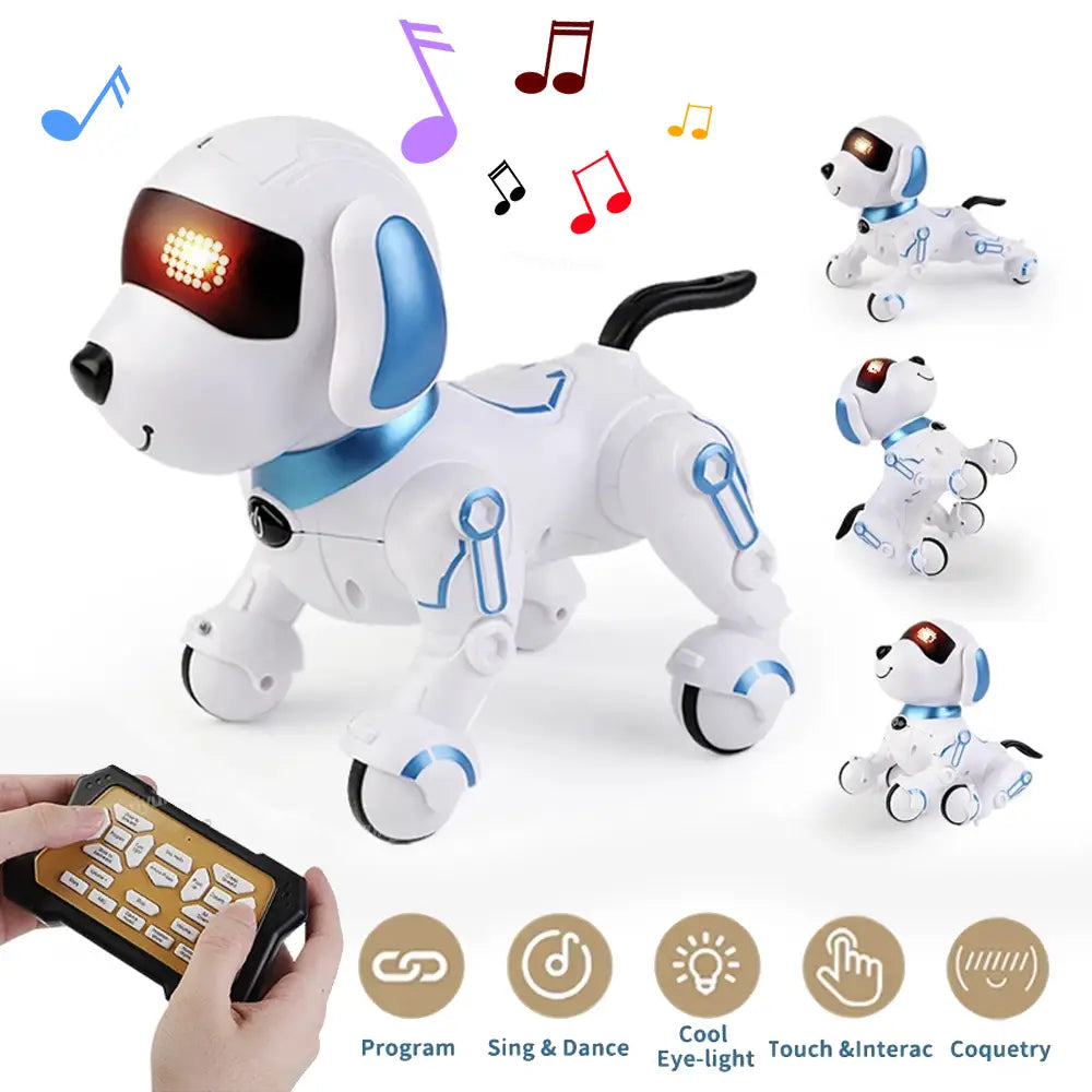 Rc robot dog interactive smart electronic stunt pet with a white and blue sleek plastic body and glowing red eye light designed for interactive play.