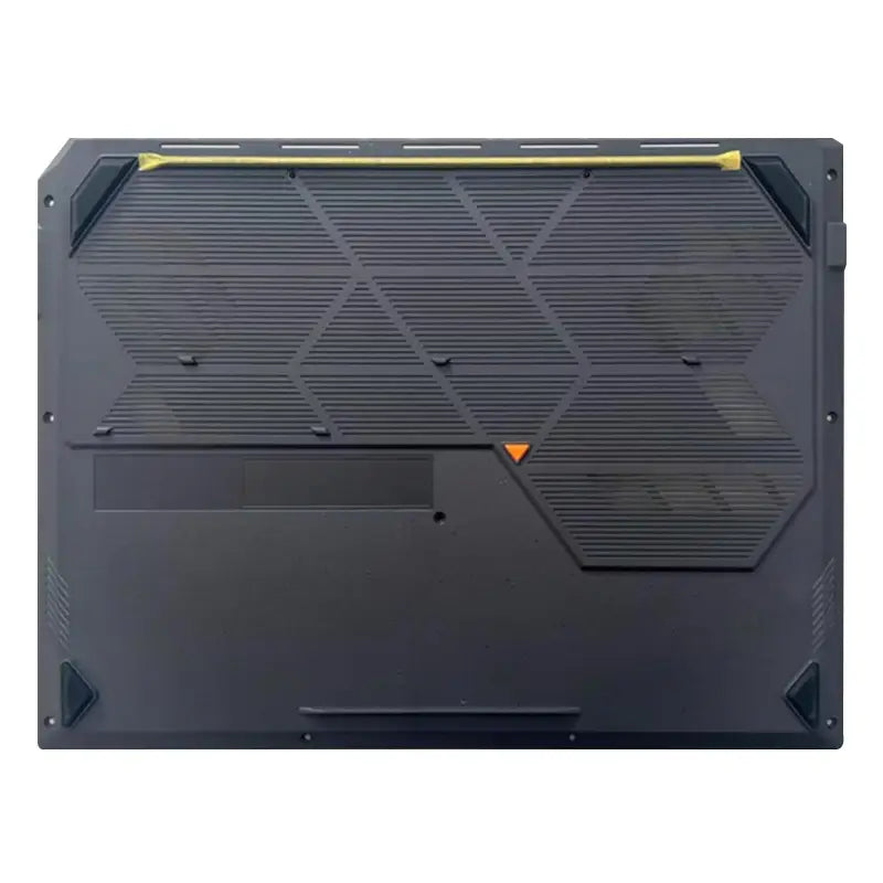 Schwarze ASUS-TUF-Gaming-A16-Ersatz-Laptopgehäuseschalen-Teile mit strukturierten hexagonalen Mustern und einer gelben Akzentleiste entlang der oberen Kante auf der Rückseite der Gaming-A16-/F16-Laptopbasis.