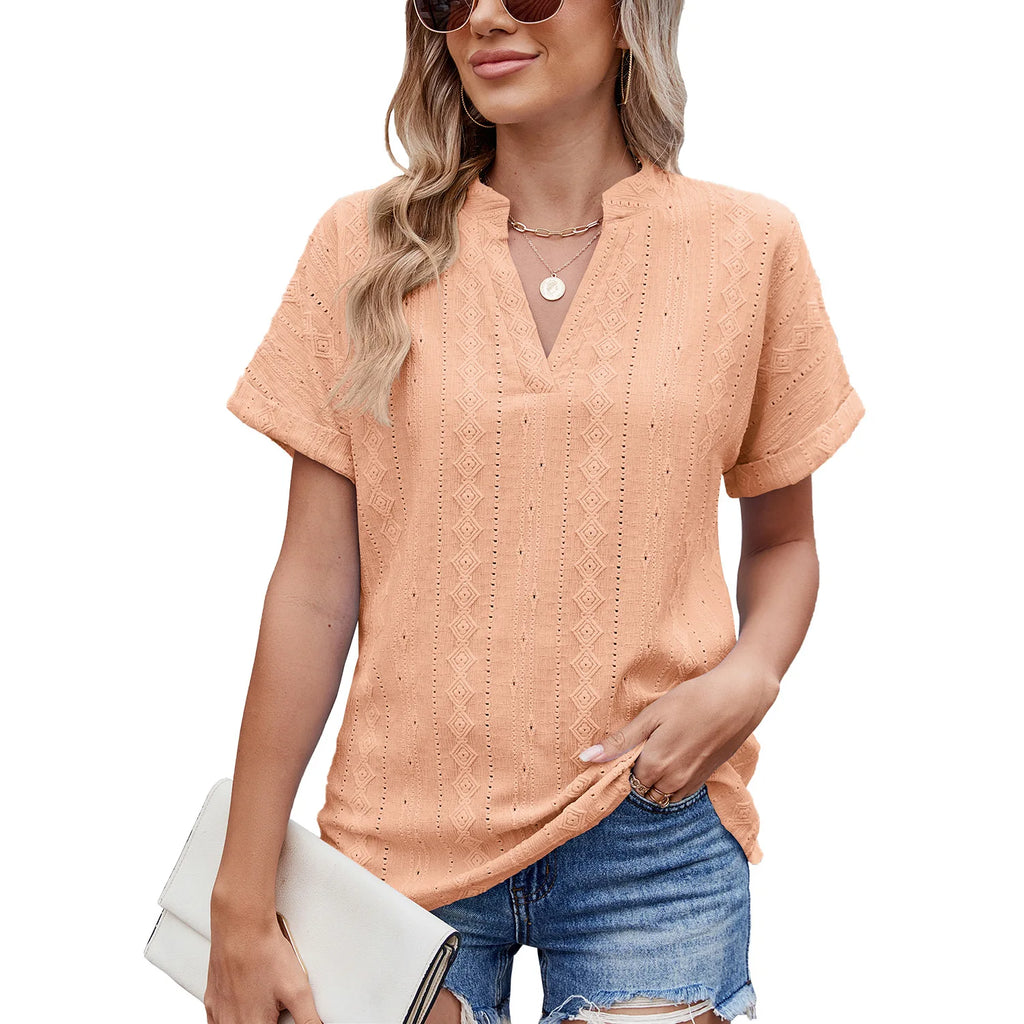 Casual Blouses For Women Fashion Embroidery Jacquard Short Sleeve V Neck Shirts Loose Summer Solid Colors Elegant Tops 2025 New