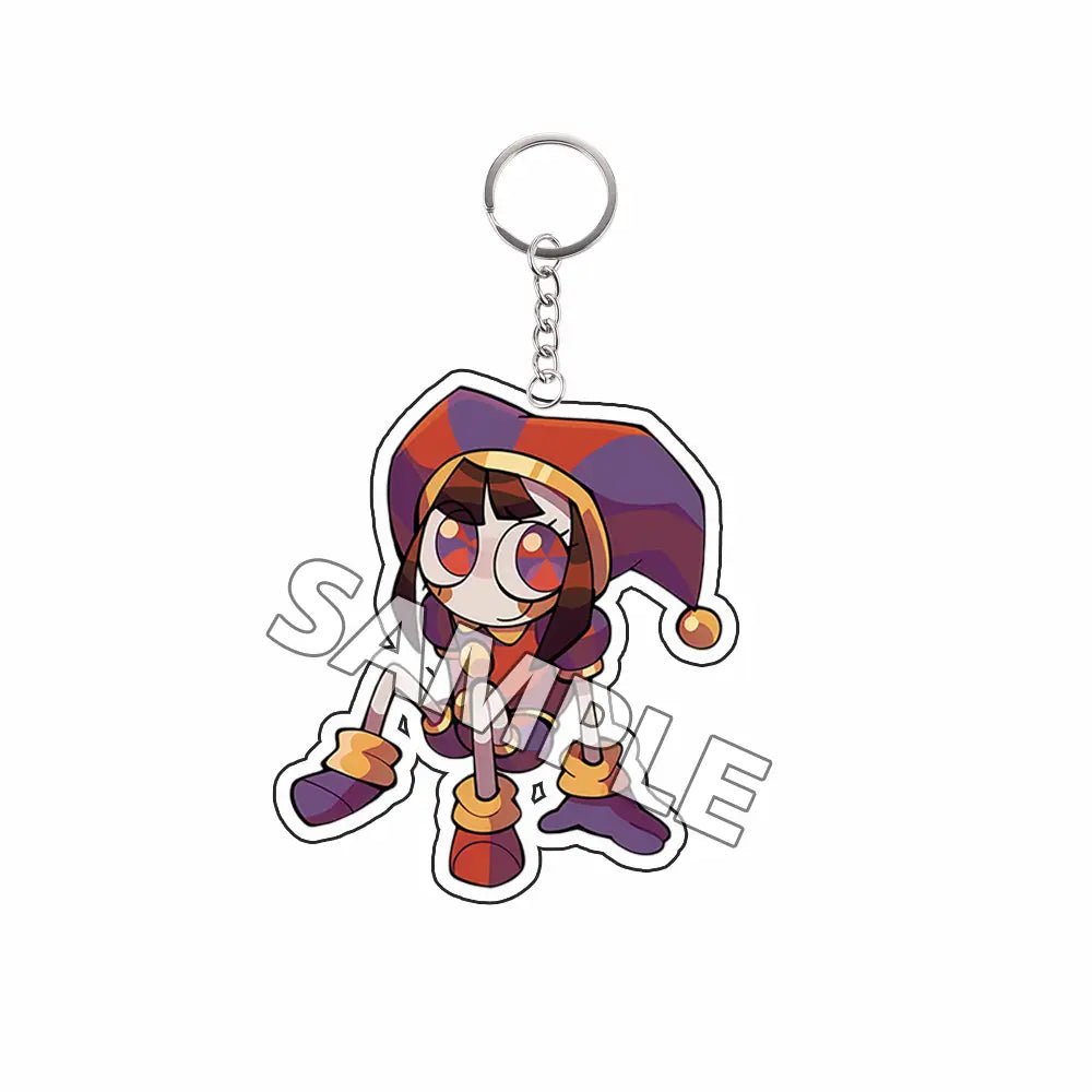 Producto terminado de llavero acrílico de colores que presenta un personaje caricaturesco con un sombrero de bufón morado y naranja, ojos rojos y botas a juego.