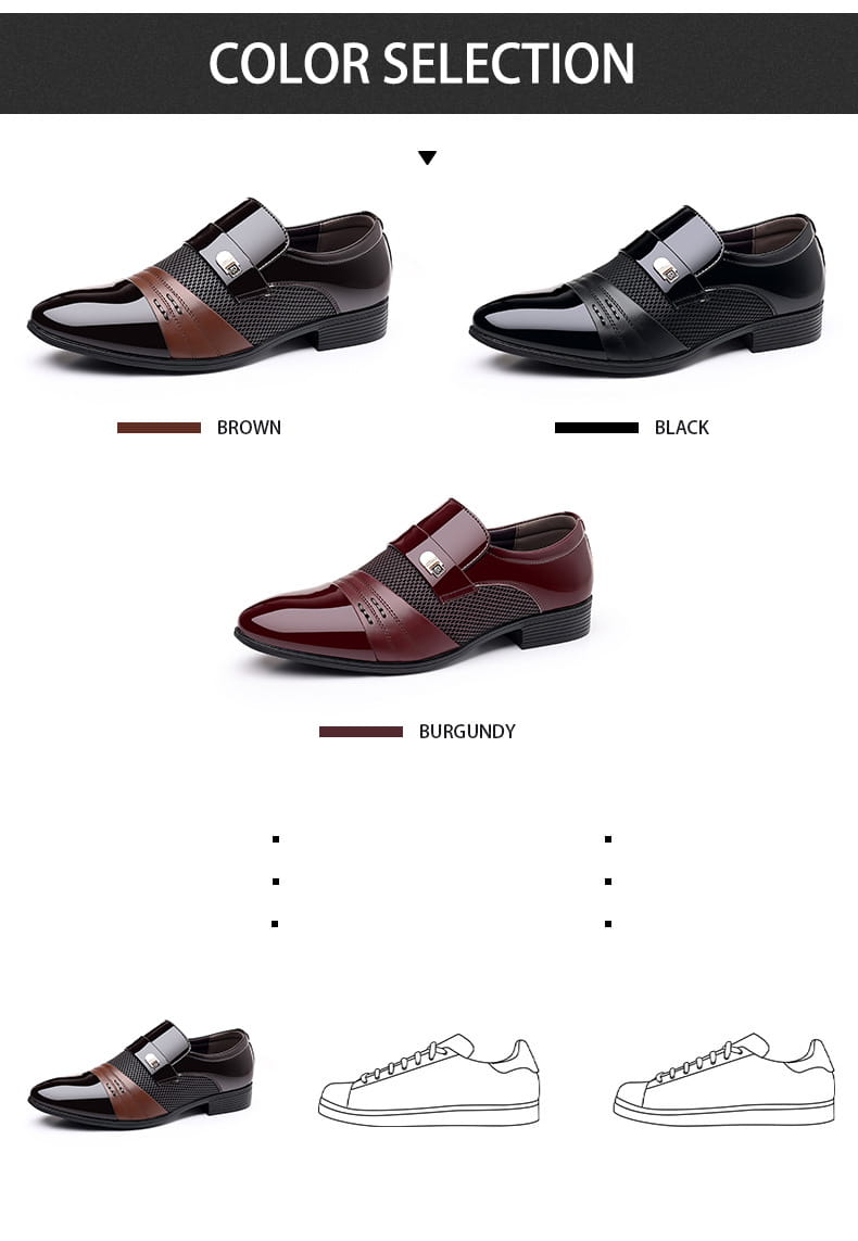Zapatos de vestir de punta afilada de lujo para hombre en cuero marrón y negro con acabado brillante y una correa sobre la zona del empeine.