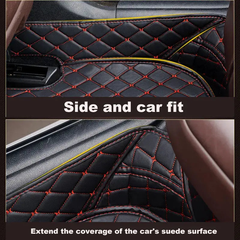black quilted leather car floor mat for Ssangyong Tivoli featuring red stitching and yellow trim