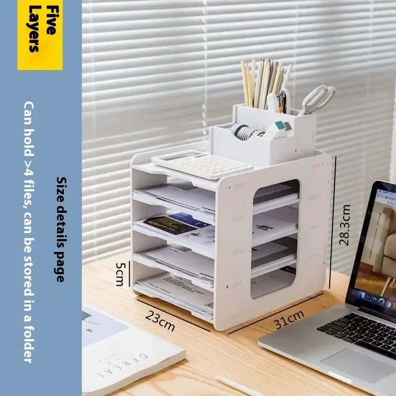 White plastic five-layer desktop file organizer and storage rack with transparent side panels and top compartment holding office supplies.