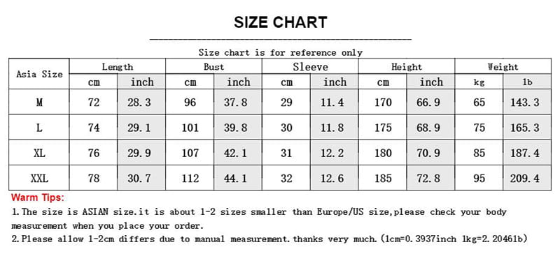 Guide des tailles pour t-shirts de sport en coton ajustés slim fit pour hommes, en tailles asiatiques, présentant des mesures en centimètres et en pouces pour les tailles allant de M à XXL.