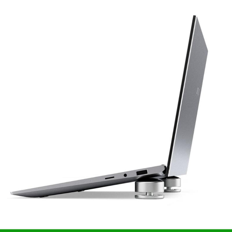 silberne Aluminium-Notebookständer-Füße mit eleganten zylindrischen Metallbasen, die ein modernes graues Notebook tragen