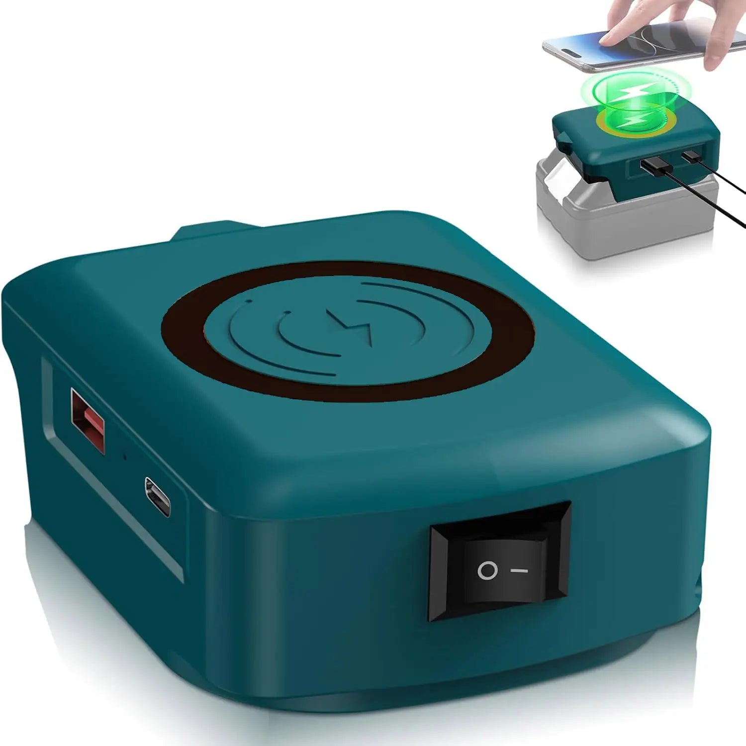 Banco de energía inalámbrico color verde azulado, con almohadilla de carga circular y múltiples puertos laterales, con compatibilidad de protocolo de carga rápida para baterías Makita, DeWalt y Milwaukee de 18 V