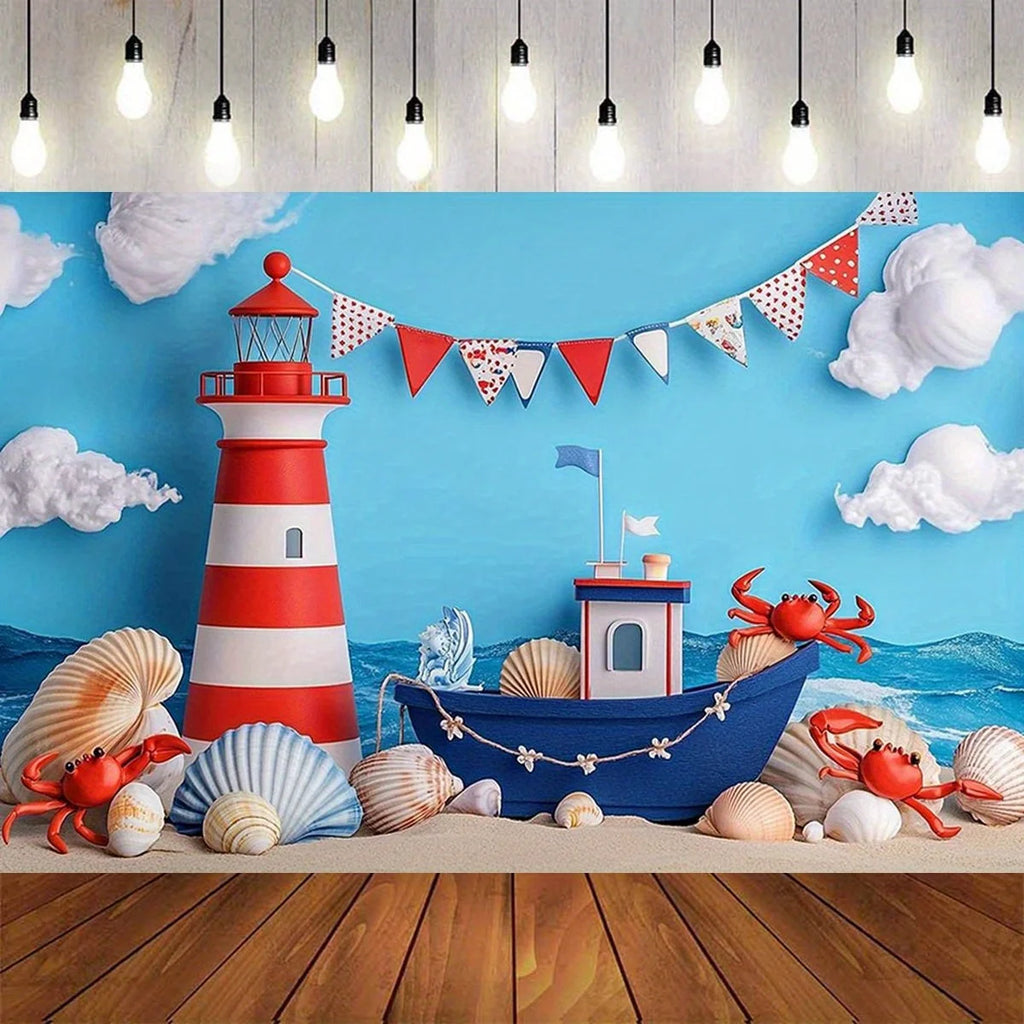 1 children's birthday background cloth with a nautical theme - colorful sailboats, lighthouses, shells and crab patterns