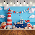 1 children's birthday background cloth with a nautical theme - colorful sailboats, lighthouses, shells and crab patterns