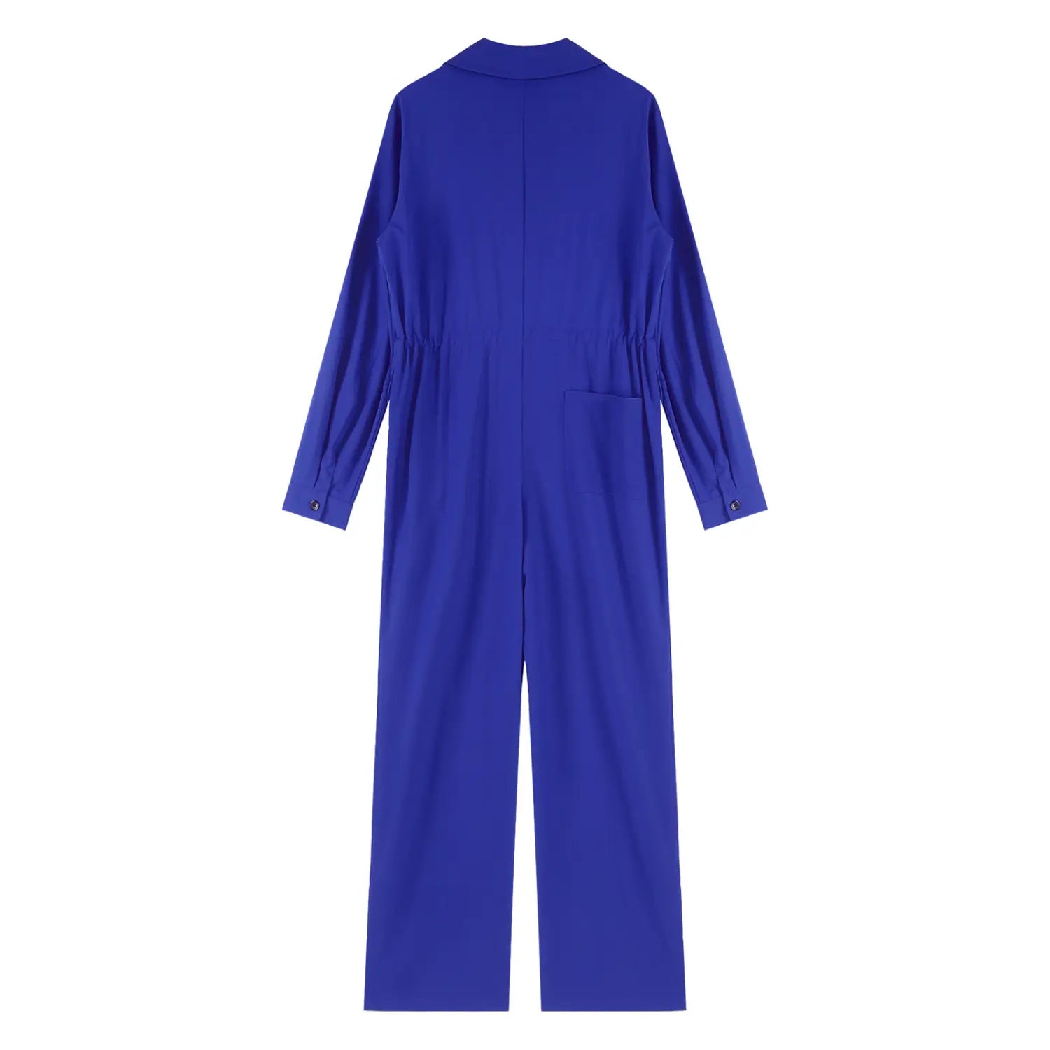 A vibrant royal blue long sleeve casual jumpsuit with a collared neckline and wide-leg pants suitable for everyday wear.