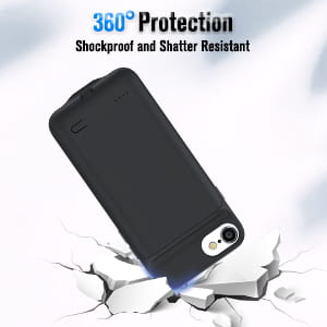 black protective battery case with sleek matte finish and precise camera cutouts designed for iphone se 2020 8 7 6 6s featuring 6000mah battery capacity charger case.
