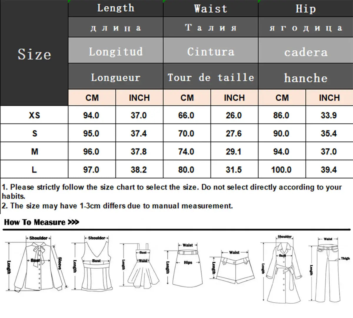 ハイウエストプリーツロングスカートの多言語サイズ表で、サイズXSからLまでをセンチメートルおよびインチで示した計測値。