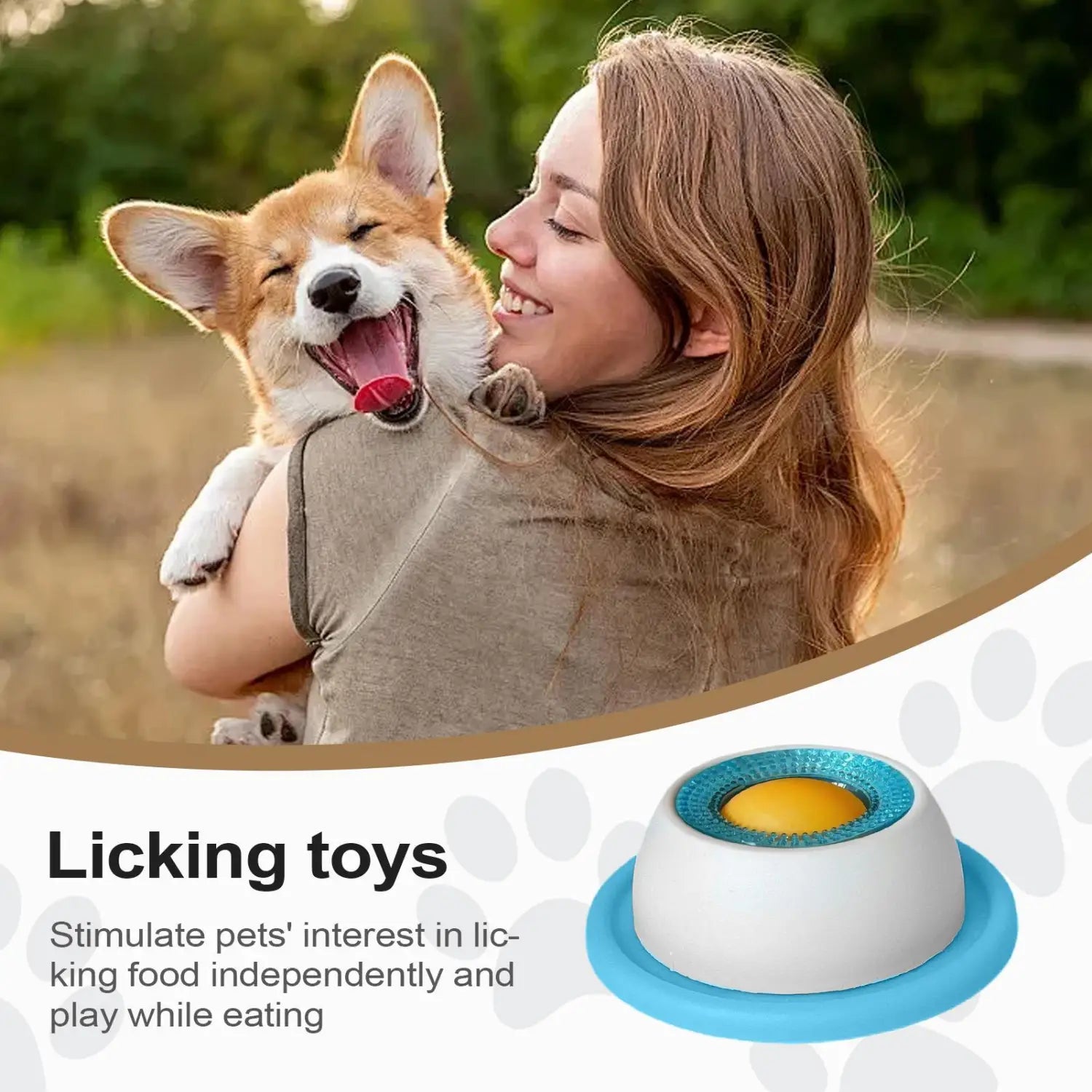 A white and blue dog licking toy with a yellow center designed as an interactive slow feeder puzzle to stimulate puppies interest in dog licking and eating.