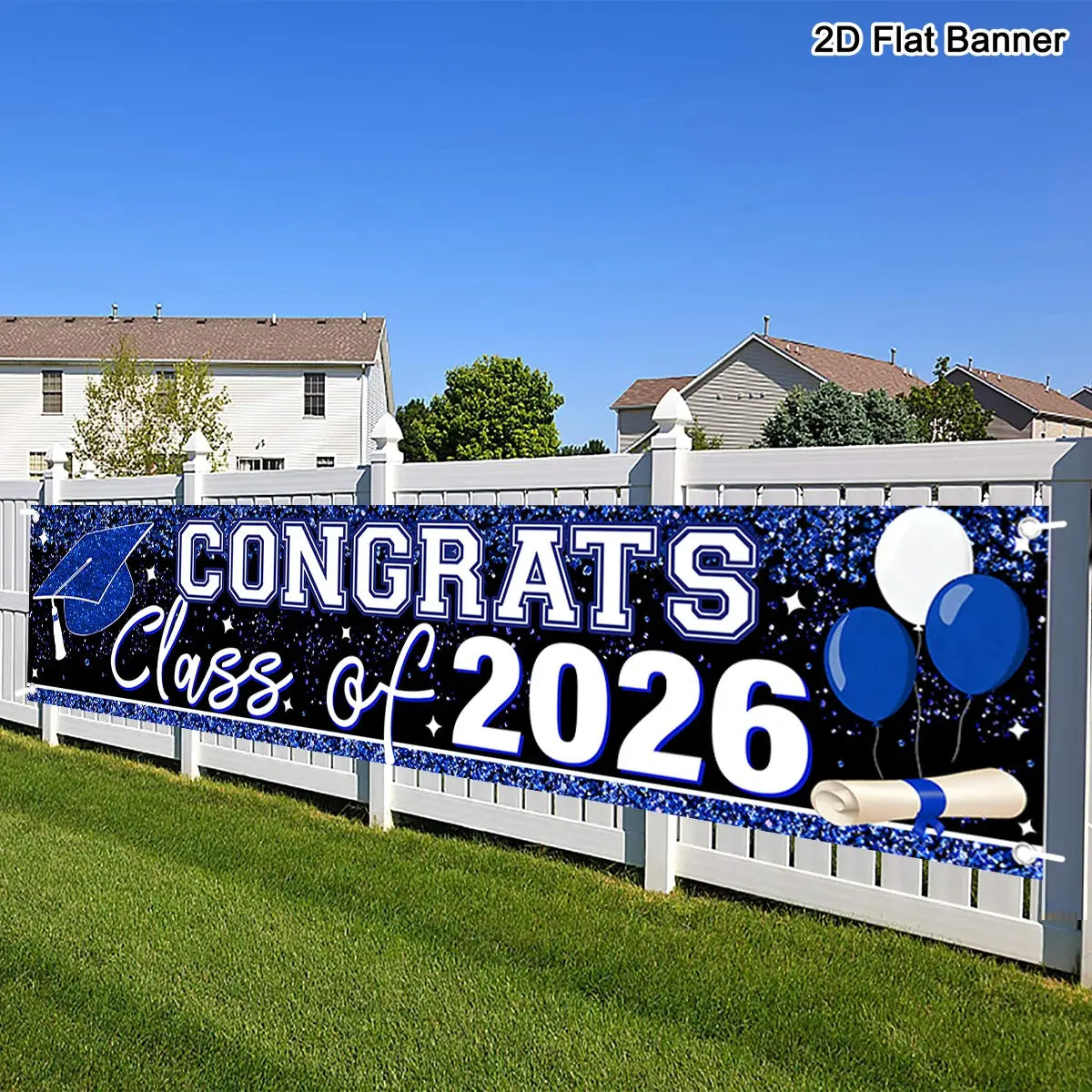 Banner de graduación azul y blanco clase de 2026, suministros para fiesta, con estrellas brillantes, globos y un diseño de birrete para decoración de celebración