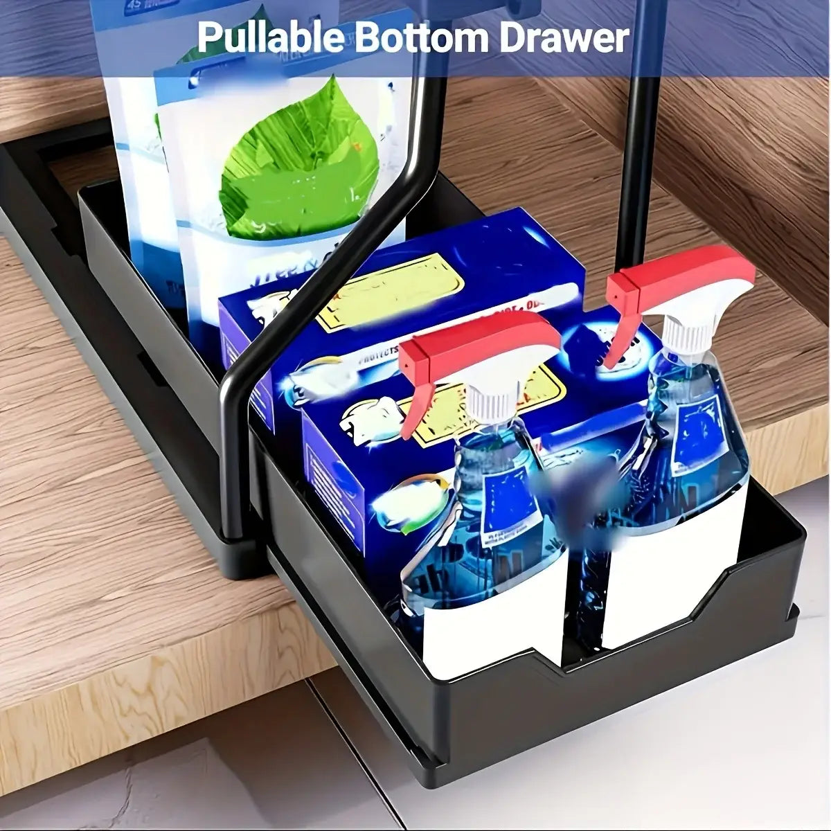 black pull-out kitchen sink organizer with a sleek modern design, sturdy stainless steel frame, and two-tier storage rack for efficient organization.