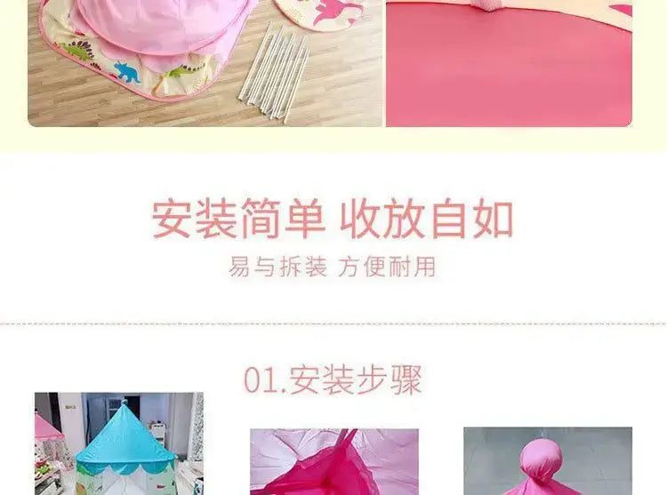 Tente de jeu pour enfants rose, motifs dinosaures et nuages, fabriquée en tissu, conçue comme un château pliable portable pour les enfants