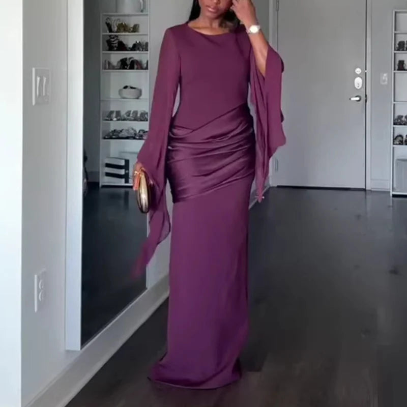 Elegant O-neck Formal Occasion Party Gown Women Causal Flared Sleeve Draped Evening Dress Fashion Waist Solid Slim Wedding Dress