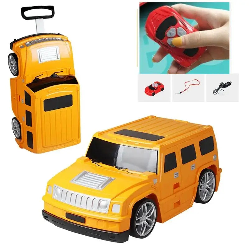 Strahlend gelber Kinderfahrzeug auf einem ferngesteuerten Gepäckkoffer mit spielzeugartigem Design, schwarzen Akzenten und silbernen Rädern.