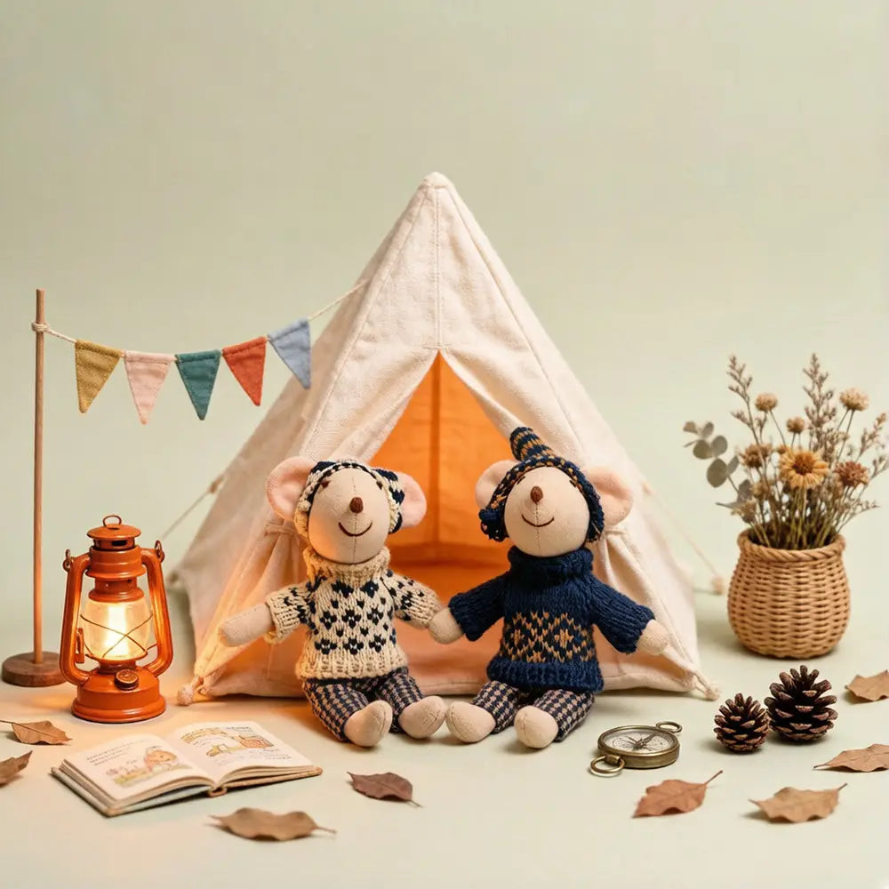 Two plush mouse doll stuffed animal toys knitted in cream and black patterned sweater with matching hat and plaid pants and navy blue knit outfit with coordinating beanie.