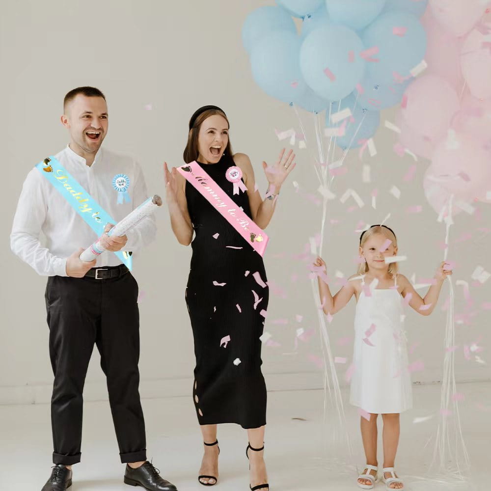 Écharpe pour baby shower rose et bleue avec lettrage en feuille d’or, en satin, pour écharpe et badge de révélation du sexe pour maman